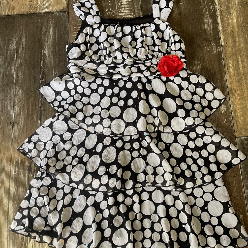Black & White Polka Dot Tiered Girls' Dress with Red Flower
